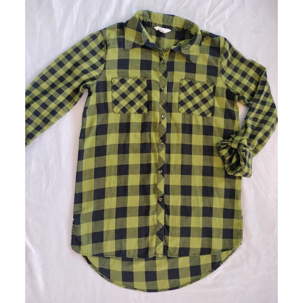 Est 1946 Juniors XS Plaid Button Up Top Green Black Long Roll Tab Sleeves XSmall